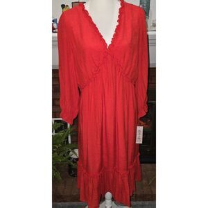 NANETTE LEPORE Size 14 Red Coral LS Dress Under Bust Waist Ruffle, NEW W/ Tag